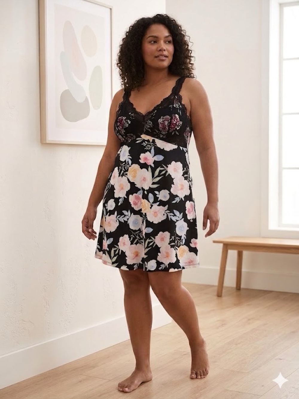 Flora Nikrooz Black Floral Lace-Trim Cottagecore Chemise -Nightgown US L